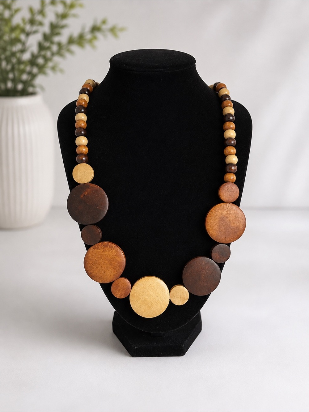 Handmade Wooden Disc Necklace - Brown and Tan